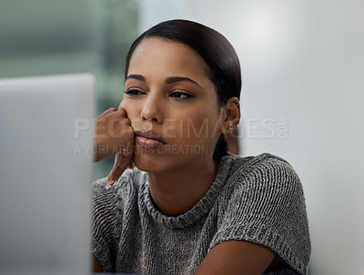Buy stock photo Business woman, bored and computer in office with burnout, tired and depression for work or job. Corporate lawyer, technology and sad in workplace with insomnia, fatigue and anxiety for schedule
