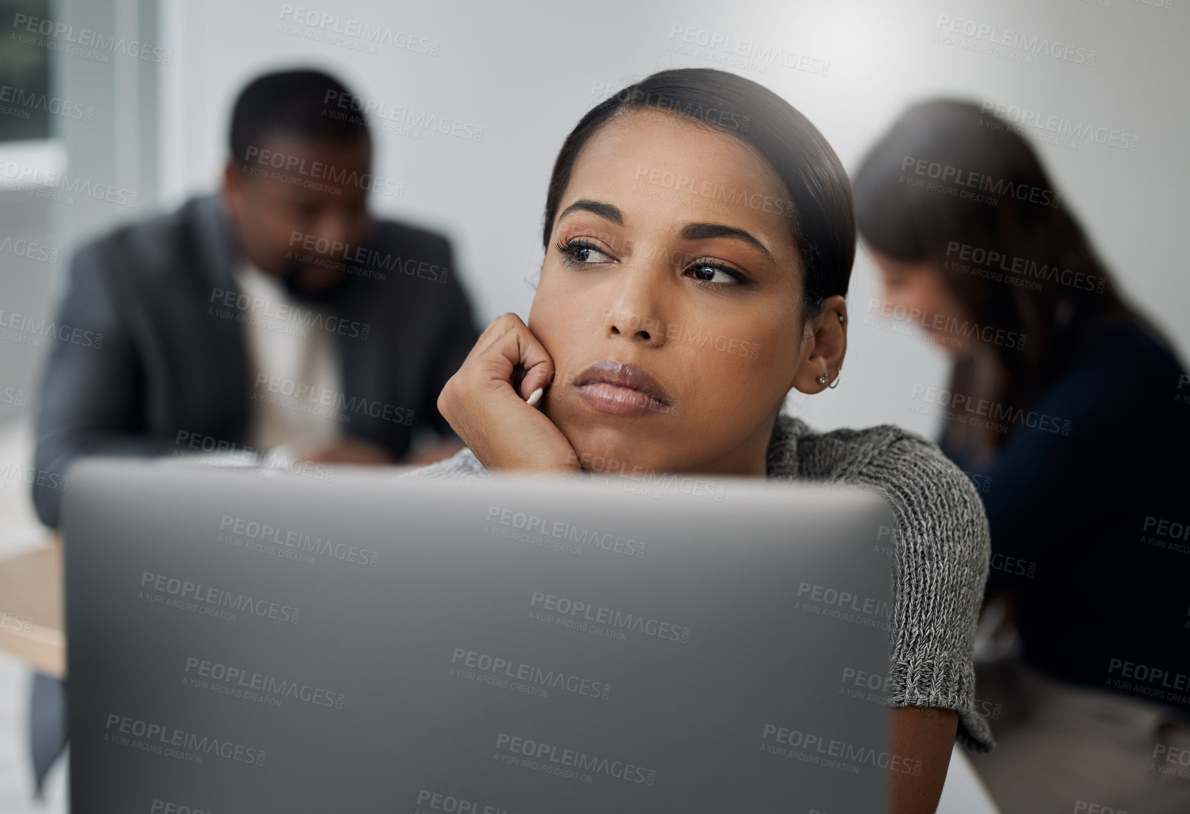 Buy stock photo Business woman, thinking and laptop in office with bored, vision and depression for work or job. Black worker, technology and idea in workplace with thoughts, fatigue and daydreaming for future