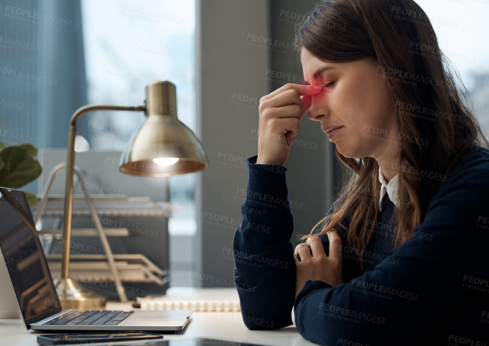 Buy stock photo Woman, pain and headache by laptop in office with tension for pressure, frustrated and migraine. Overlay, desk and accountant with anxiety by tech for financial deadline, burnout and health problem