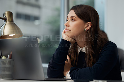 Buy stock photo Business woman, laptop and thinking in office with burnout, tired and bored for work or job. Corporate lawyer, technology and idea in workplace with insomnia, fatigue and depression for career