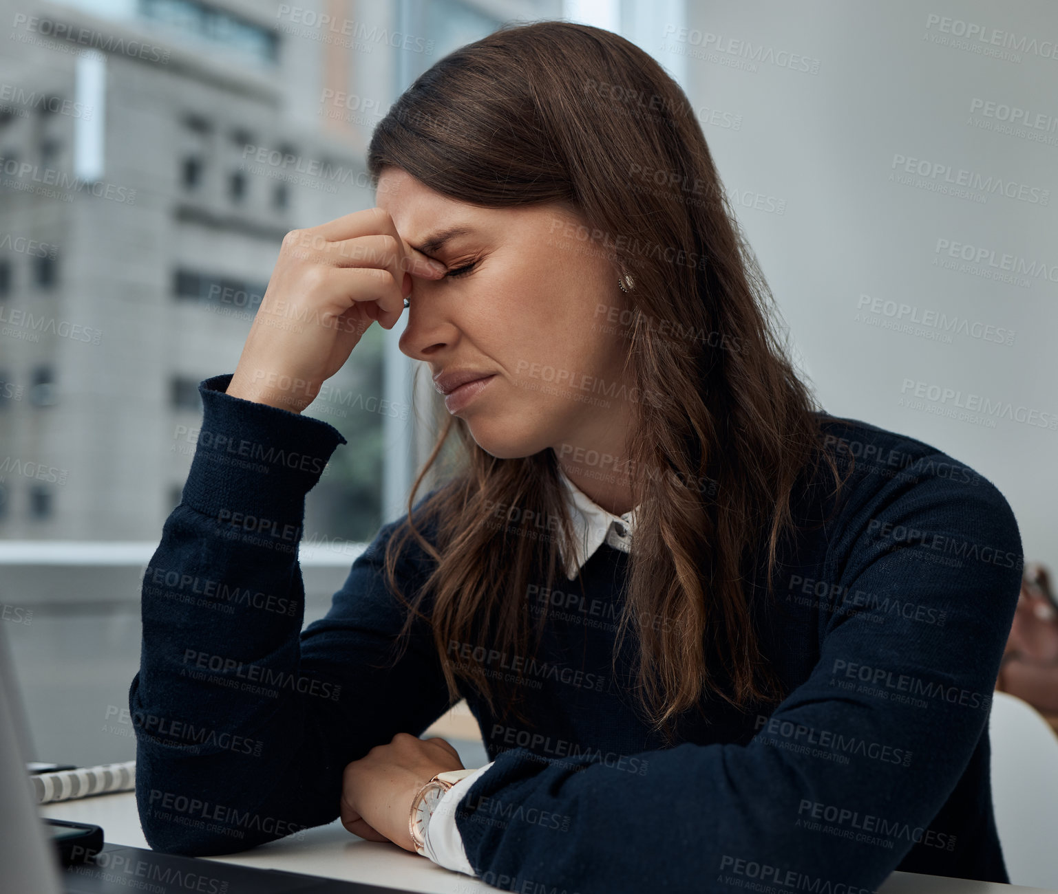 Buy stock photo Frustrated, woman and headache by desk in office with tension for burnout, problem and overworked. Corporate,  company and accountant with eye pain for financial deadline, pressure and stress at work