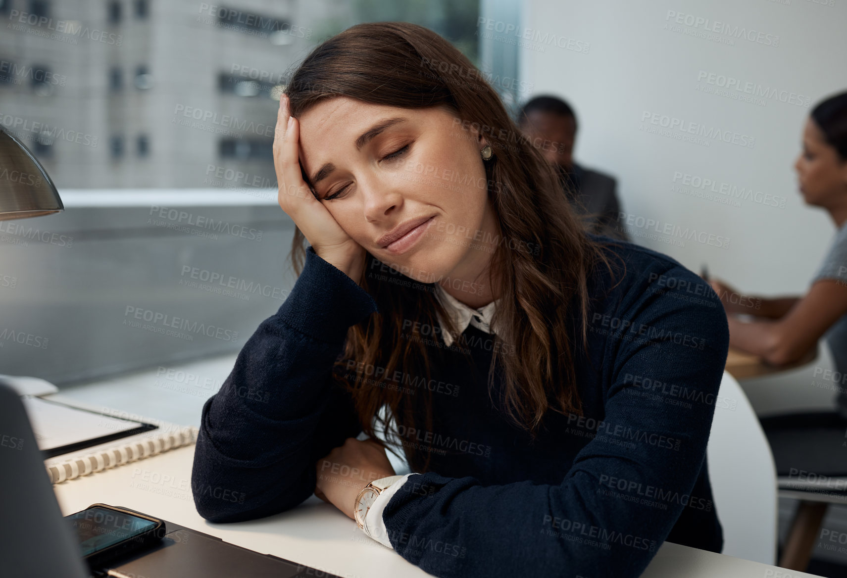 Buy stock photo Business, woman and tired with sleeping in office for burnout, fatigue and exhausted at work. Corporate, administration and female person with nap for mental health, overworked and report review