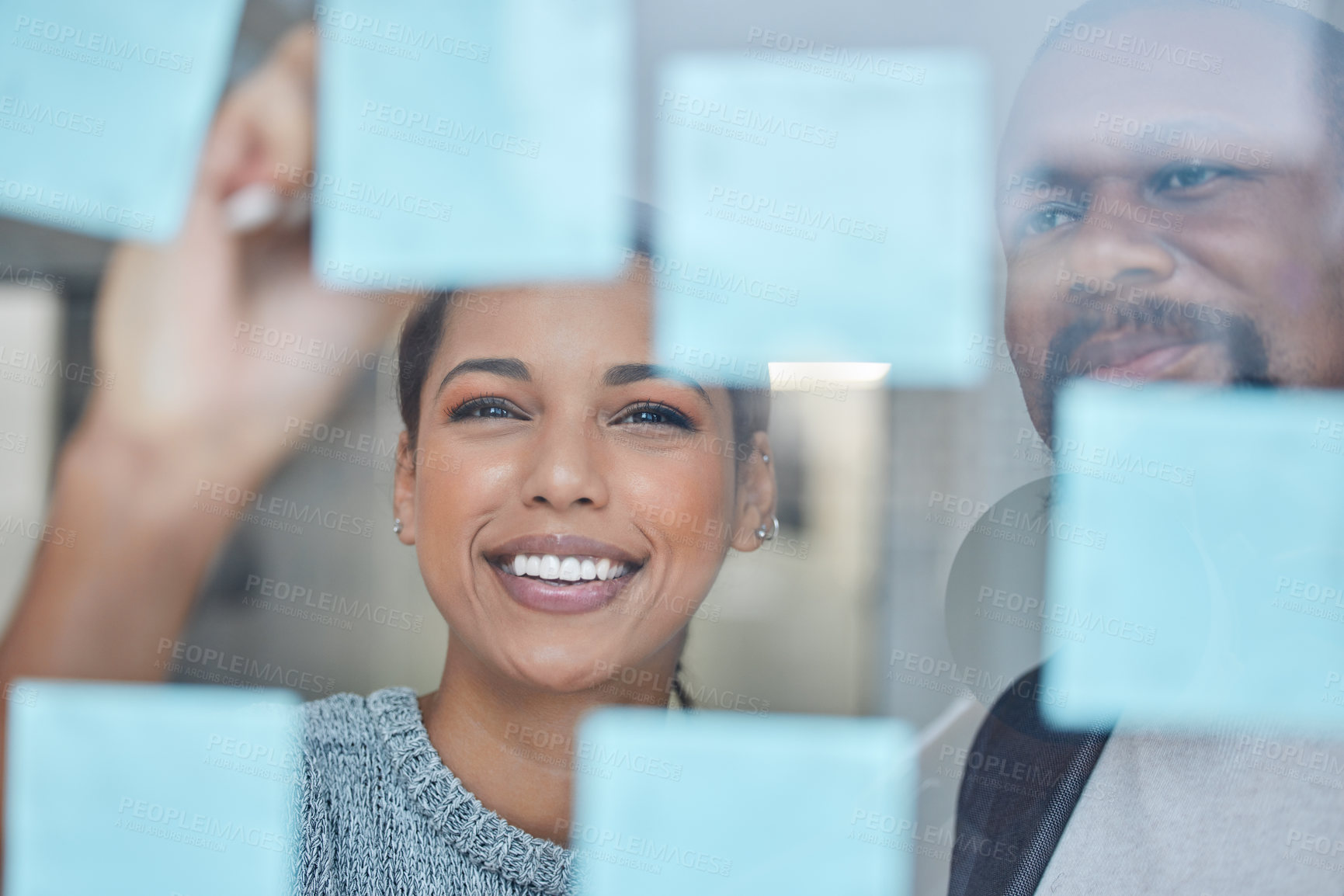 Buy stock photo Business people, sticky notes and planning in office, talking and teamwork for brainstorming. Employees, speaking and collaboration on strategy for sale growth, communication and united for moodboard