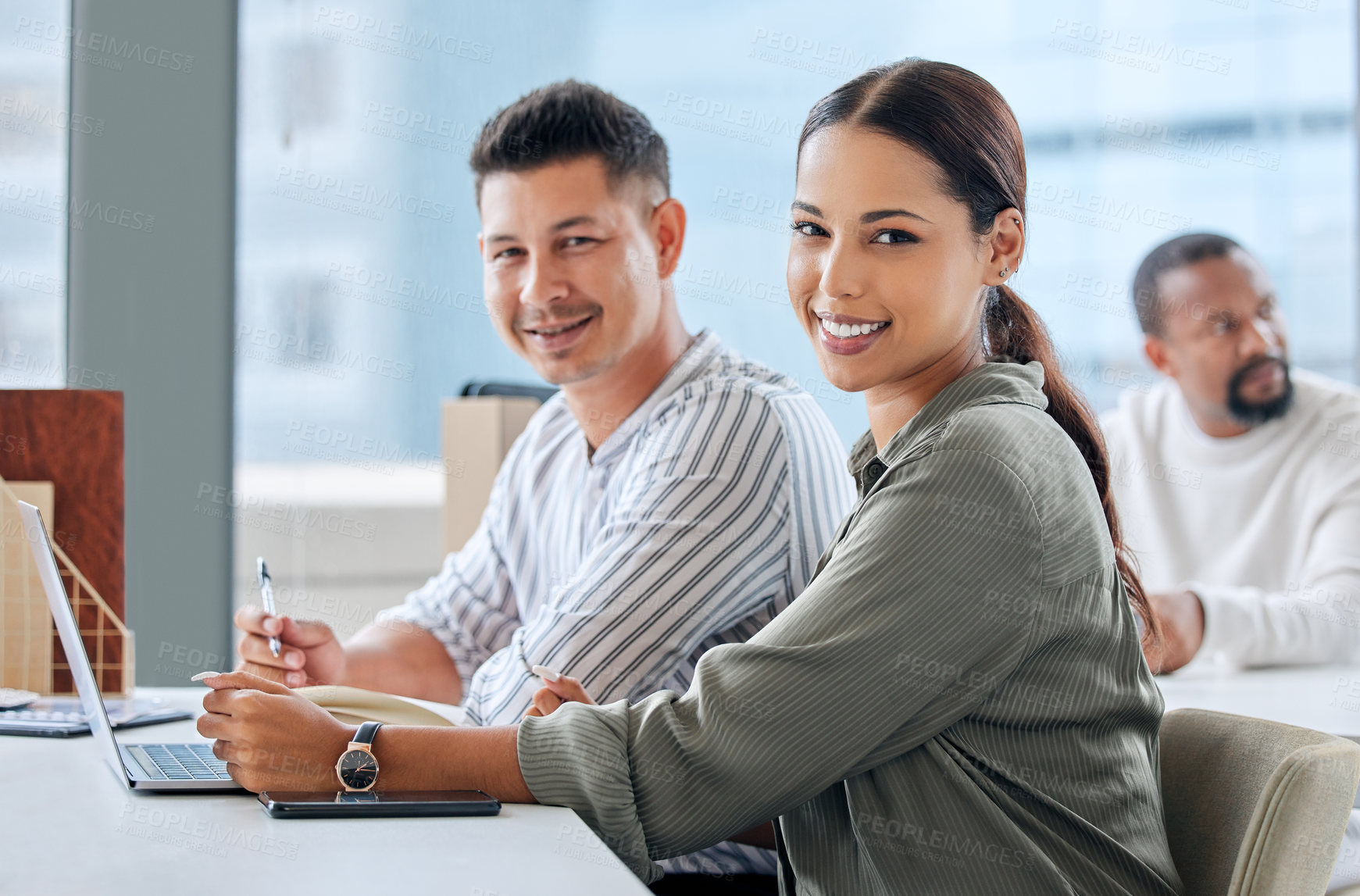 Buy stock photo Portrait of two businesspeople working in an office