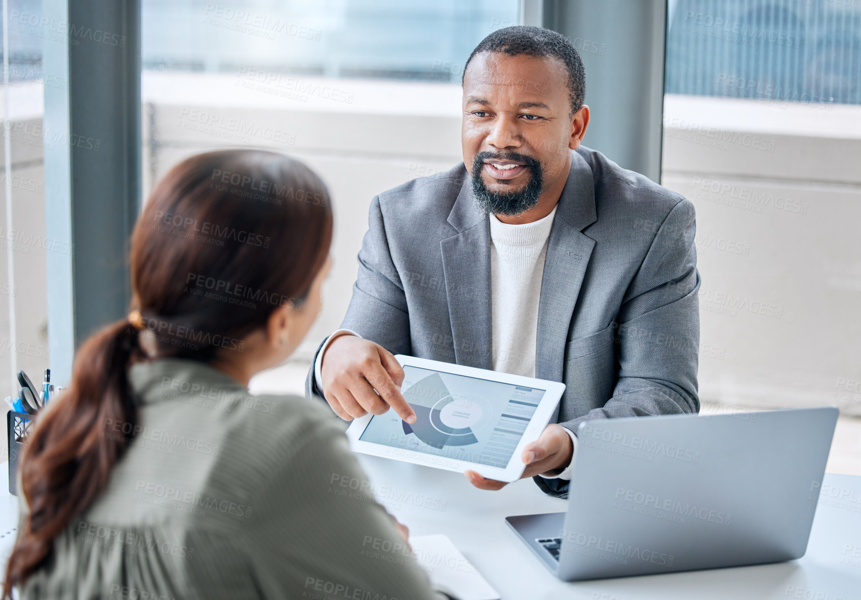 Buy stock photo Business people, black man and tablet with charts, financial advisor and accounting with investment growth. Consultant, employees and economic analyst with tech, digital app and teamwork with graphs