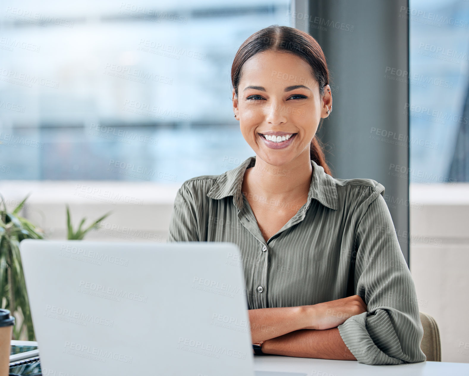 Buy stock photo Pride, portrait and businesswoman with laptop at office desk, table and startup company with confidence. Creative career,  copywriting and female editor with computer for connection, tech and smile