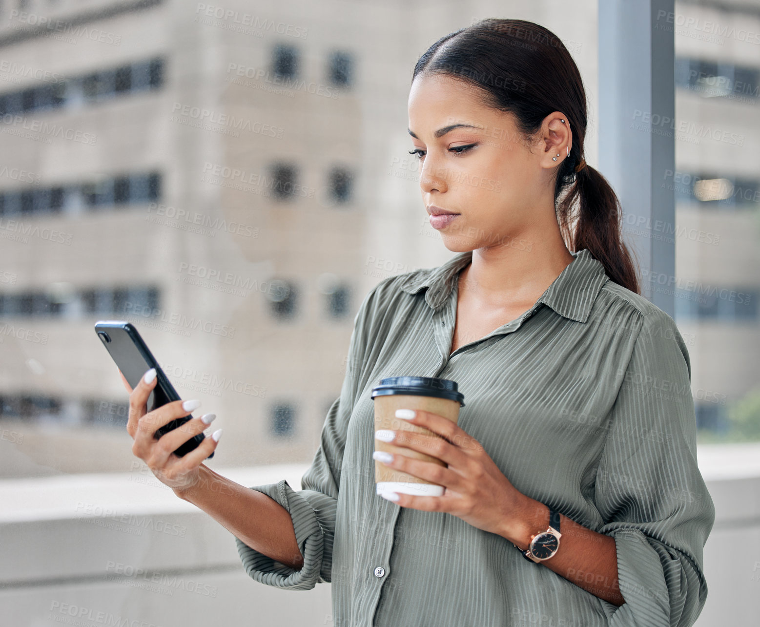 Buy stock photo Business woman, phone and coffee in office, networking and reading email for communication. Female person, tea break and social media or employee for chat, hot drink and check website for information