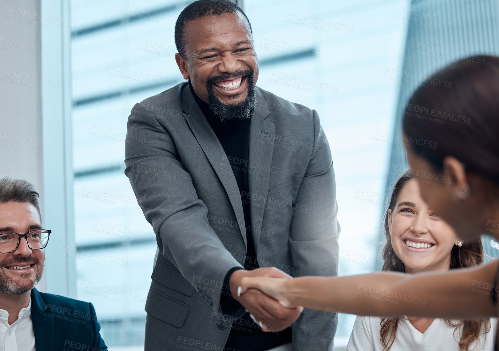 Buy stock photo Smile, business people and handshake for deal, agreement or b2b partnership success of consultant. Shaking hands, team and thank you for collaboration, introduction and welcome to corporate office
