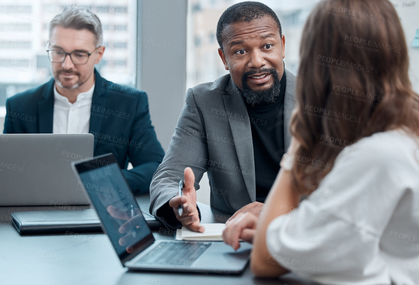 Buy stock photo Black man, manager and mentor with laptop for instruction in office for meeting, strategy and discussion in workplace. Business people, coaching and computer on desk for planning, support and guiding