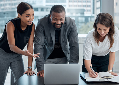 Buy stock photo Meeting, laptop and business people with notebook in boardroom for planning, teamwork or feedback. Diversity, collaboration and staff with proposal, idea or working on report for recruitment agency