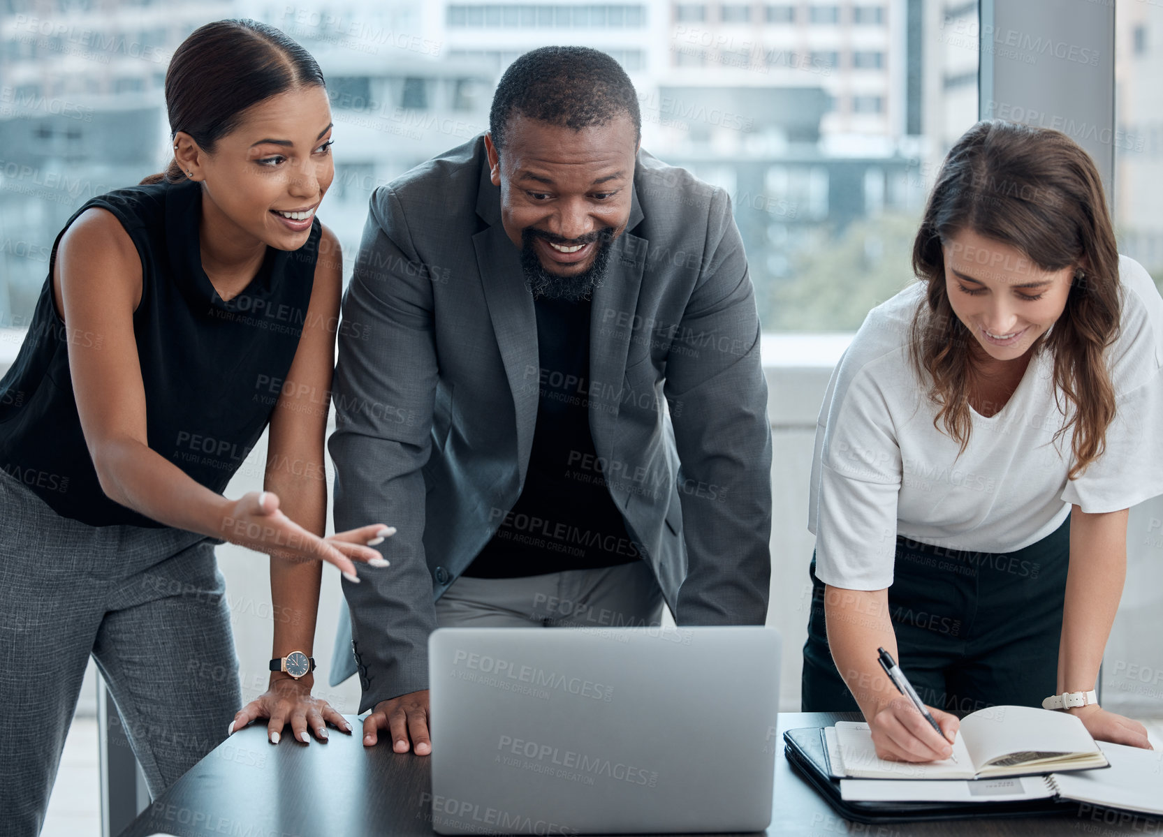 Buy stock photo Meeting, laptop and business people with notebook in boardroom for planning, teamwork or feedback. Diversity, collaboration and staff with proposal, idea or working on report for recruitment agency