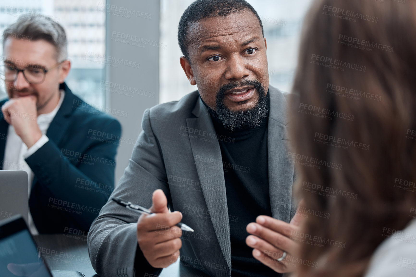 Buy stock photo African businessman, feedback and meeting in office for collaboration, teamwork and brainstorming in workplace. Man, ceo and corporate people in group for coaching, advice and mentor for internship