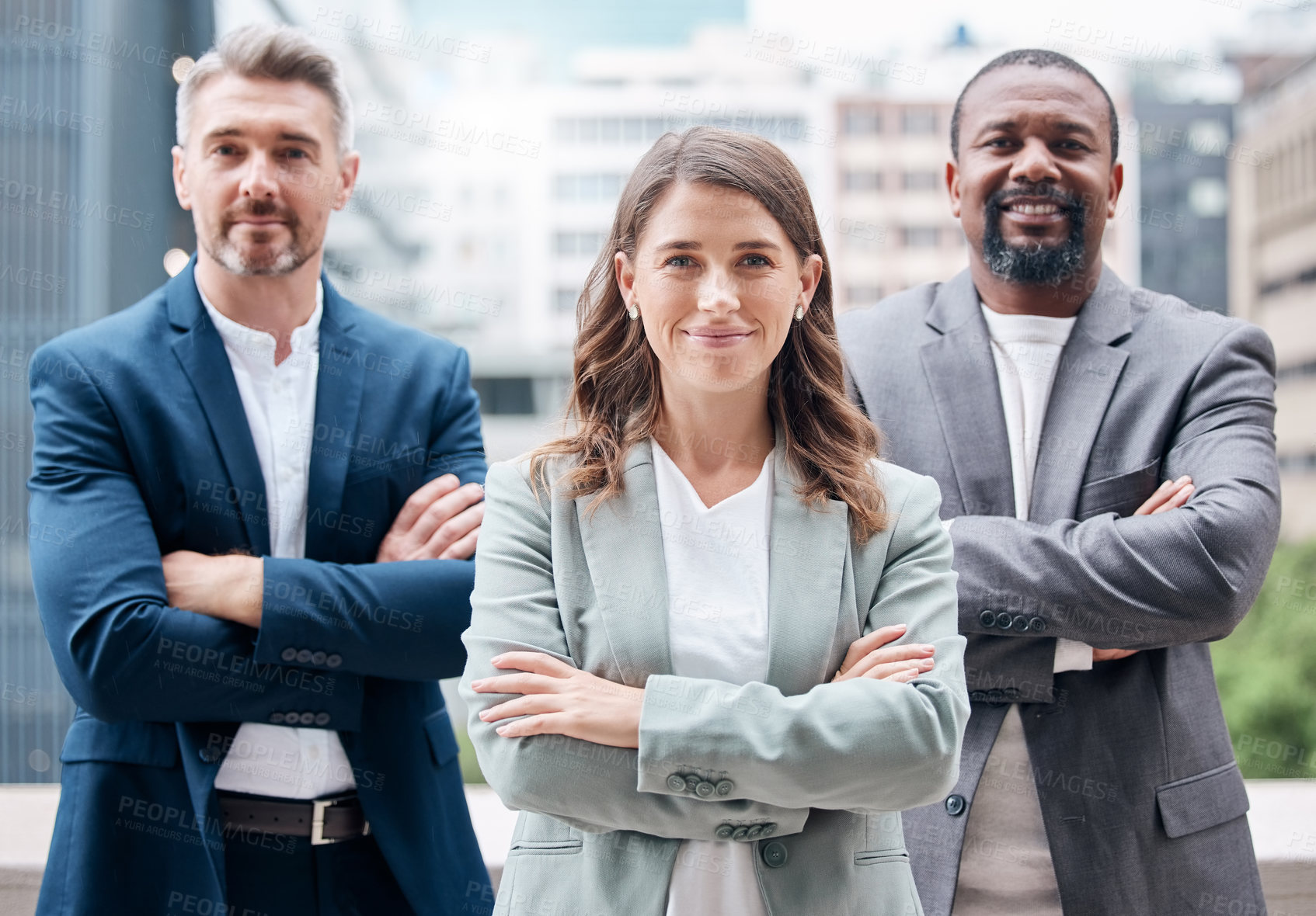 Buy stock photo Portrait of a group of businesspeople enjoying a break outside at the office
