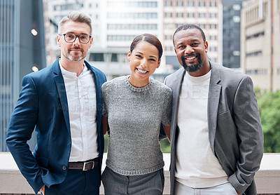 Buy stock photo Portrait of a group of businesspeople enjoying a break outside at the office