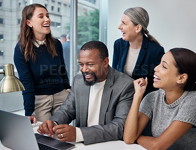 Buy stock photo Computer, excited and business people with celebration, success and laughing for internet meme or company growth. Planning, working and corporate group or team of women and men on laptop in office
