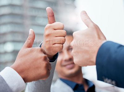 Buy stock photo Winning, thumbs up and group of people thank you, support or teamwork hands vote, yes and like emoji. Great, ok and business man with team or winner collaboration, thanks sign and success in city