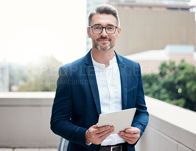 Buy stock photo Tablet, corporate portrait and happy man with wealth, accounting and CEO management app on balcony. Outdoor, city and professional person or business boss with digital technology, website or internet