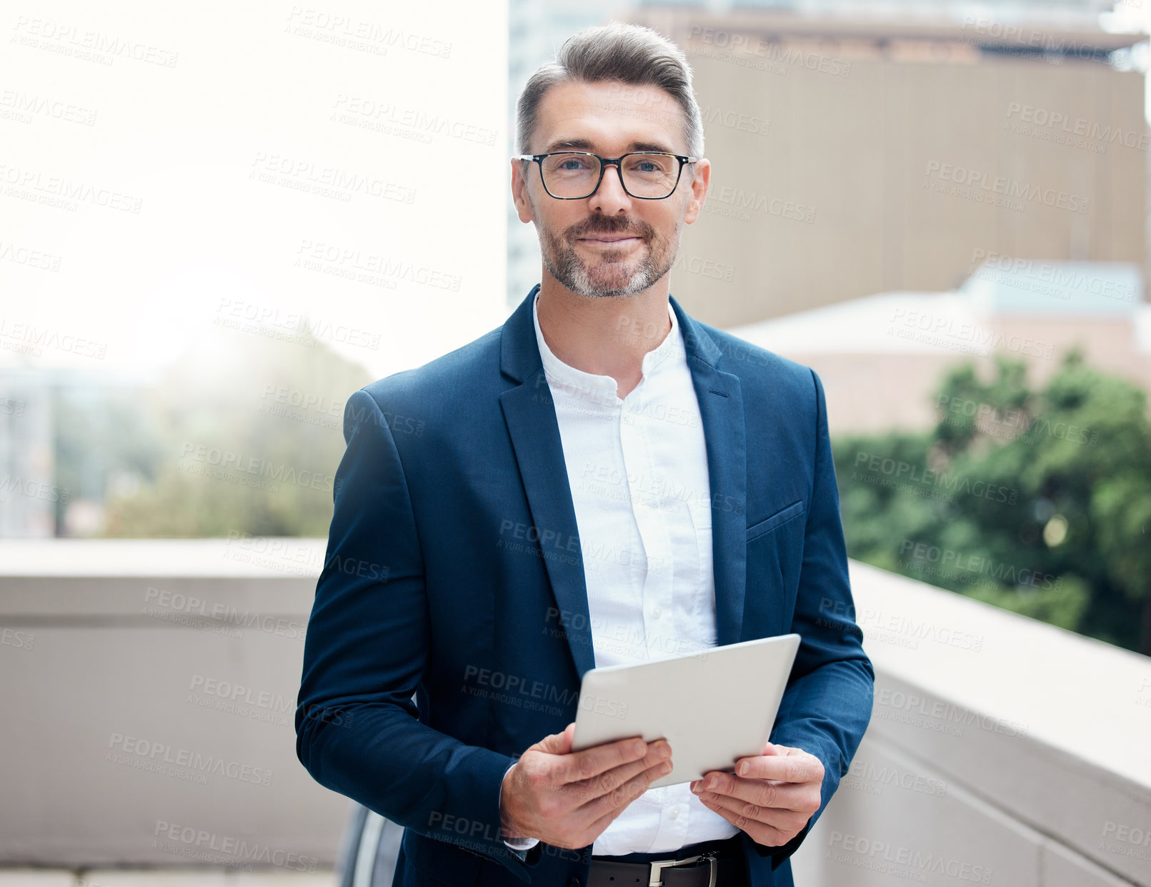 Buy stock photo Tablet, corporate portrait and happy man with wealth, accounting and CEO management app on balcony. Outdoor, city and professional person or business boss with digital technology, website or internet