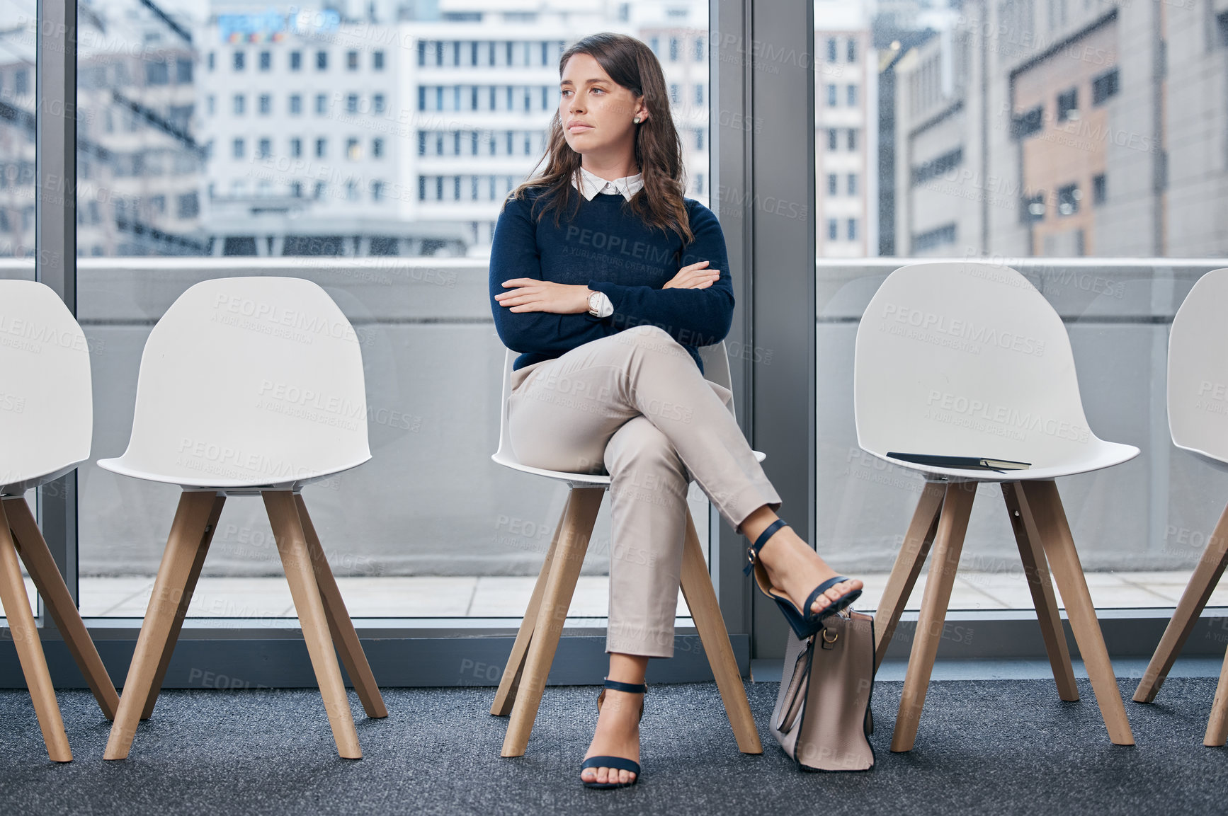 Buy stock photo Recruitment, waiting and business woman in office lobby for corporate meeting for vacancy. Hr, career and professional female lawyer, job candidate sitting and line for interview in workplace.