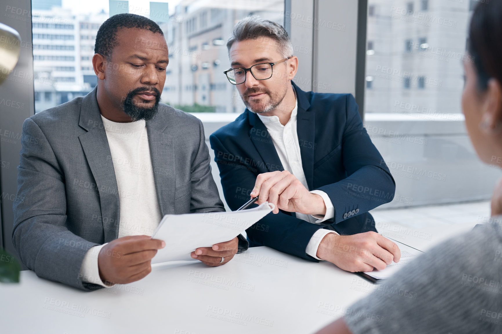 Buy stock photo Documents, human resources and interview with business people in office for hiring or recruitment. Feedback, meeting and review with CEO or manager in workplace boardroom for contract negotiation