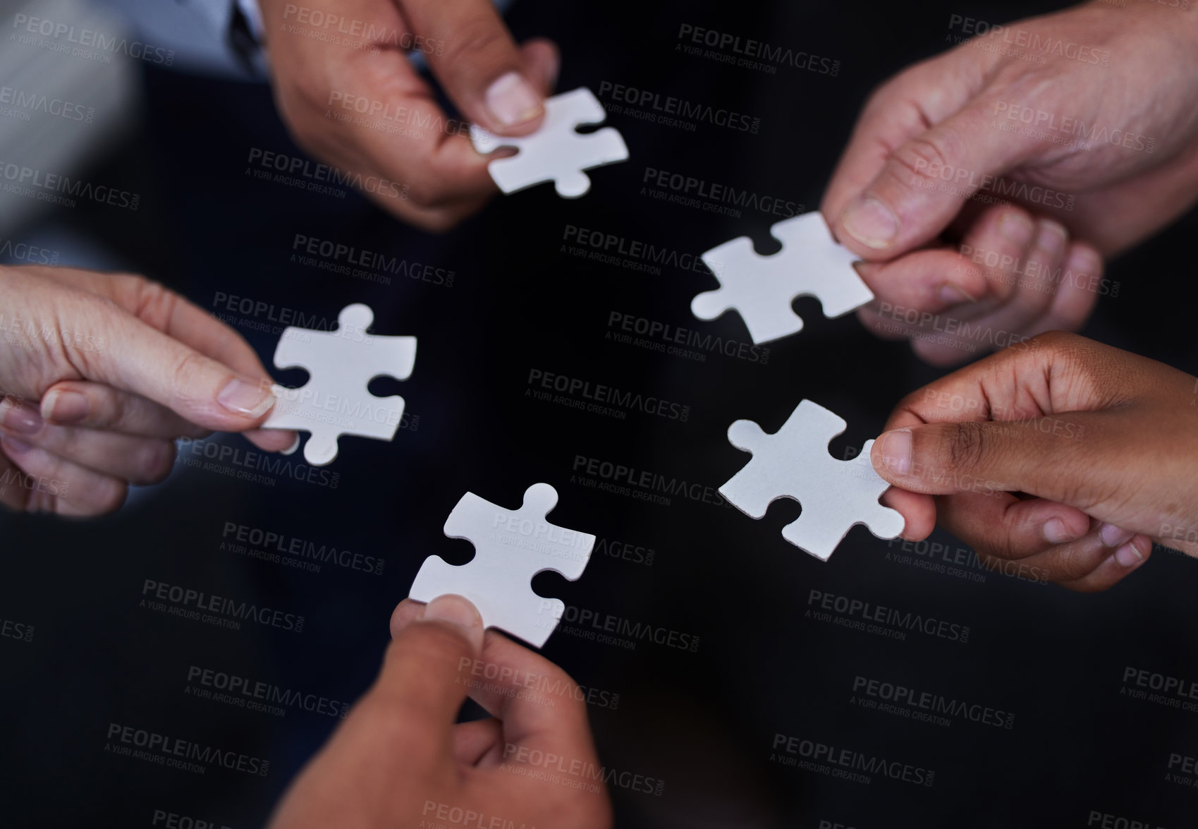 Buy stock photo Puzzle, teamwork and support with hands of business people for synergy, partnership or trust. Integration, problem solving and solution with employees and jigsaw for mission, collaboration or process