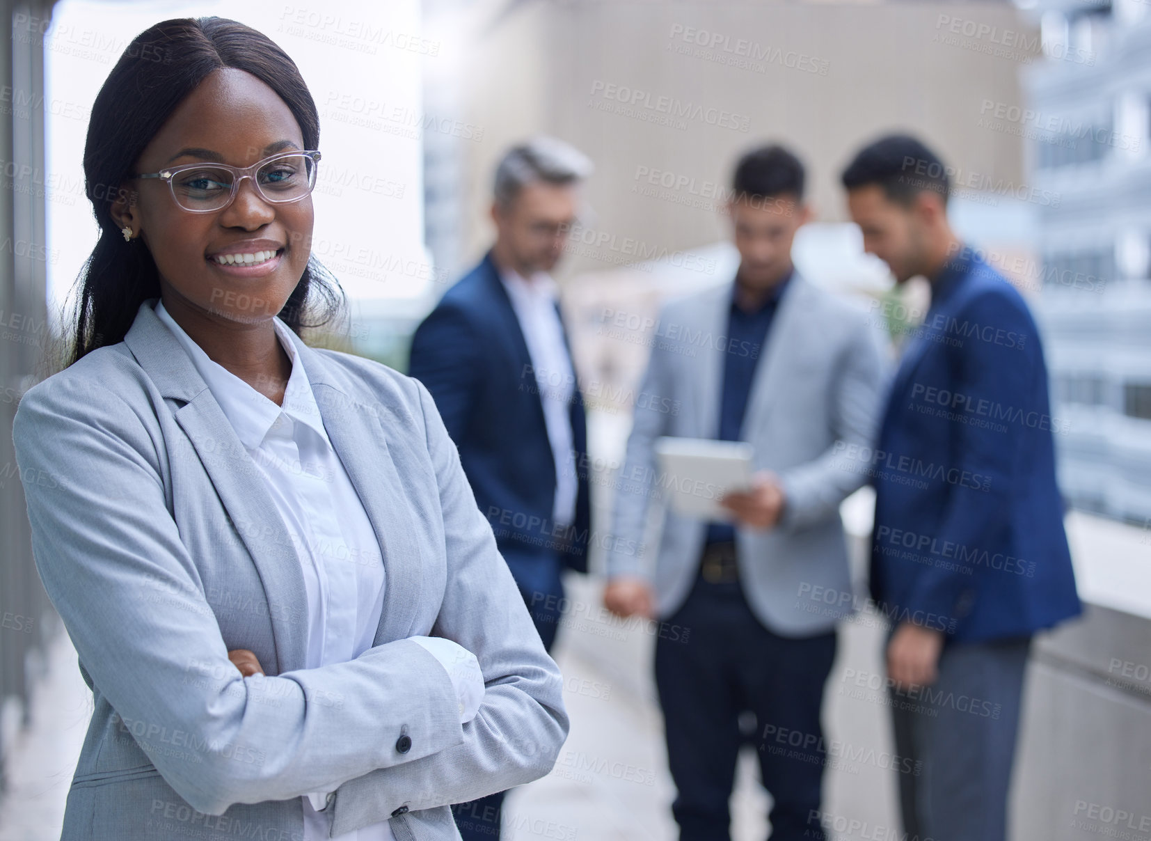 Buy stock photo Portrait, business people and black woman with arms crossed, balcony and confidence with career ambition. Outdoor, employees and lawyer with pride, internship and buildings with candidate attorney