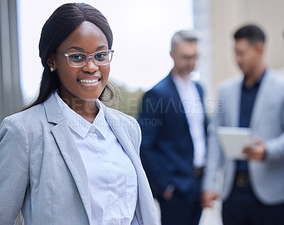 Buy stock photo Business people, black girl and portrait outdoor in city for corporate internship in tax law for property owners and litigation. Team, online and woman professional for startup career and commitment.