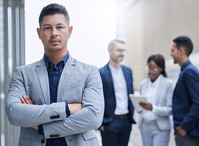 Buy stock photo Business people, man and portrait outdoor in city with entrepreneurs for investment in corporate company with confidence. Businessman or investor, team and arms crossed for professionalism and pride.