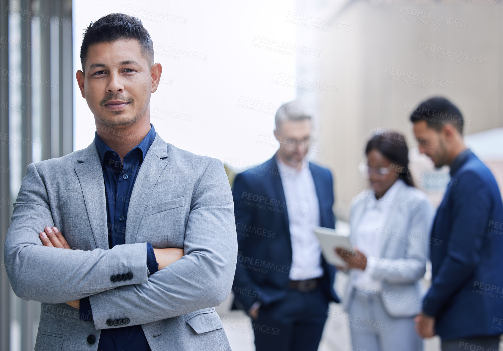 Buy stock photo Business people, man and portrait outdoor in city with entrepreneurs for investment in corporate company with confidence. Businessman or investor, team and arms crossed for professionalism and pride.