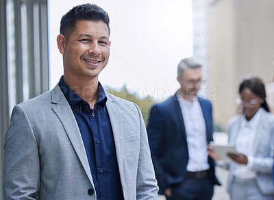 Buy stock photo Balcony, management and portrait of business man outdoor at office in city with corporate team. Company, confidence or leadership and happy employee at workplace in urban town for opportunity