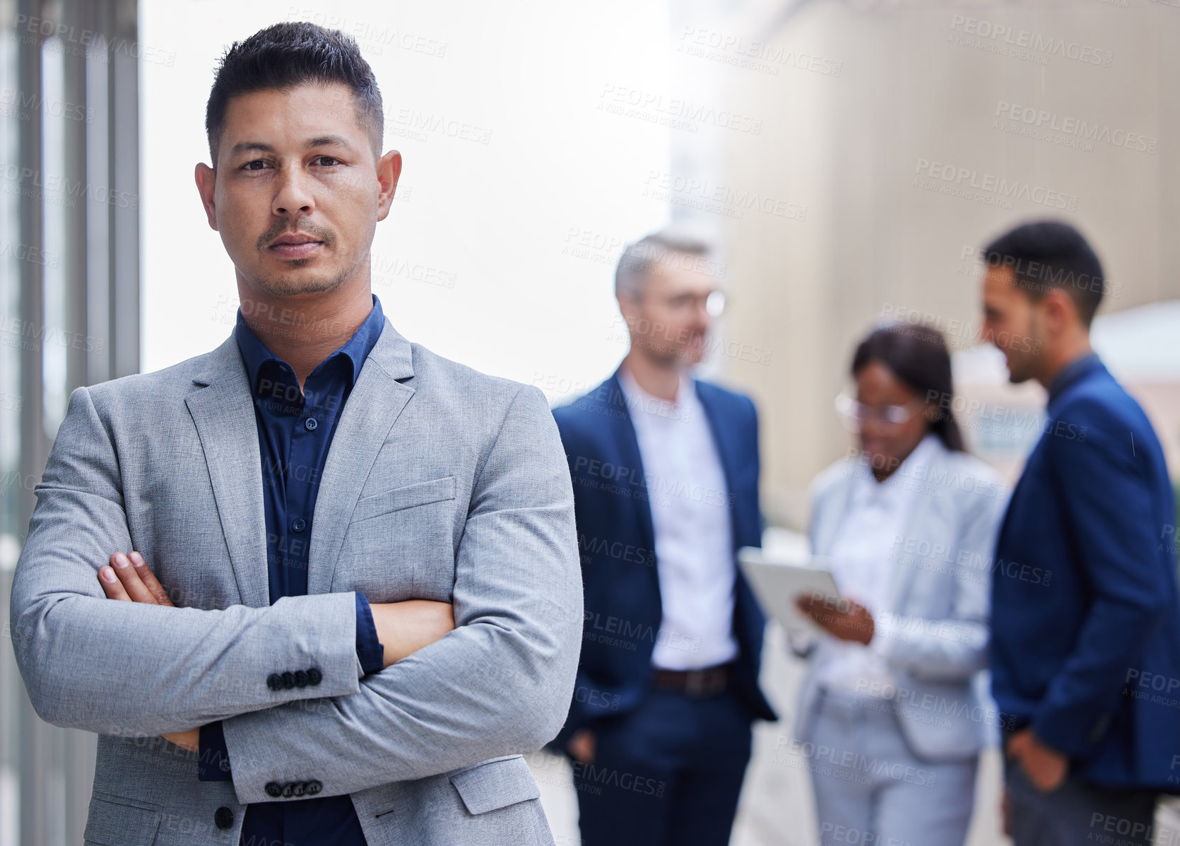 Buy stock photo Businessman, people and portrait outdoor in city with entrepreneurs for investment in corporate company with confidence. Man or investor, team and arms crossed for professionalism and pride.