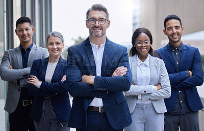 Buy stock photo Business people, portrait and group outdoor in city for corporate work as legal advisors or attorneys for real estate. Team, serious and confident with arms crossed for management strategy and leader