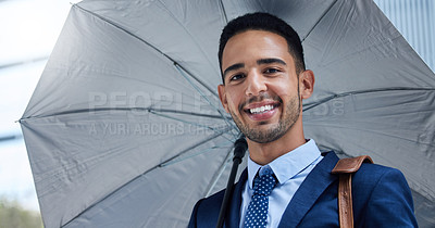 Buy stock photo Businessman, portrait or umbrella with smile in city for justice, advocate for legal at building. Male lawyer, rain or parasol for safety in urban with happiness, attorney in New York for court