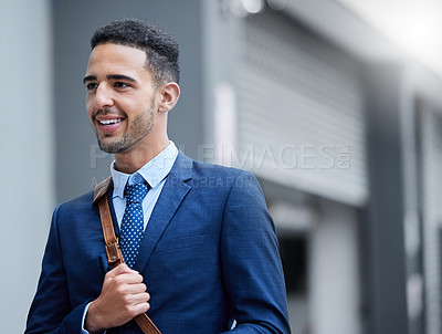 Buy stock photo City, bag and businessman on morning commute with smile, opportunity and professional realtor downtown. Urban travel, walking and happy man at office building to start new job at real estate agency