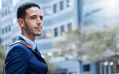 Buy stock photo City, thinking and businessman on morning commute with bag, opportunity and professional realtor on sidewalk. Urban travel, walking and man at office building to start new job at real estate agency