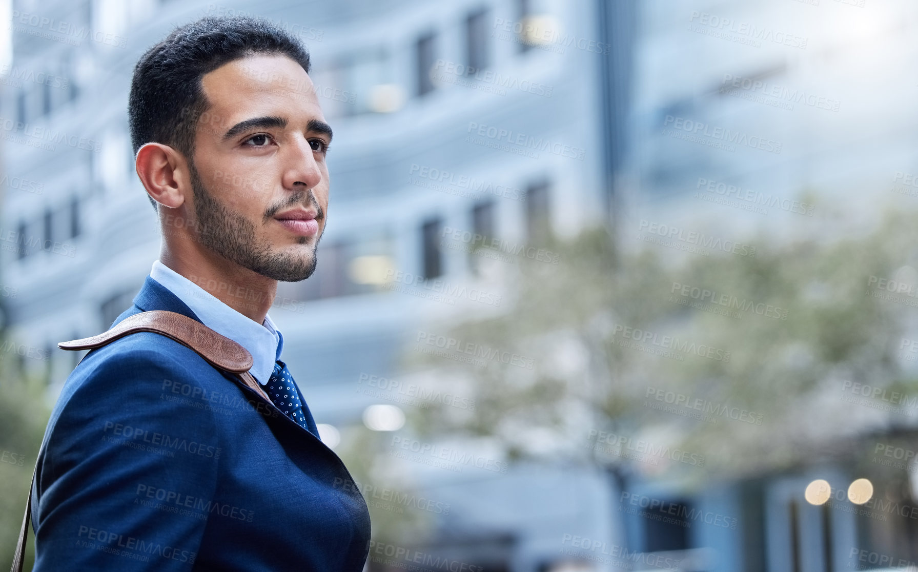 Buy stock photo City, thinking and businessman on morning commute with bag, opportunity and professional realtor on sidewalk. Urban travel, walking and man at office building to start new job at real estate agency