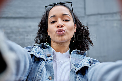 Buy stock photo City, woman taking a selfie and face with pov outside for freedom or peace. Fashion or glasses, positive or casual and happy young female model pose for confidence with a pout facial expression