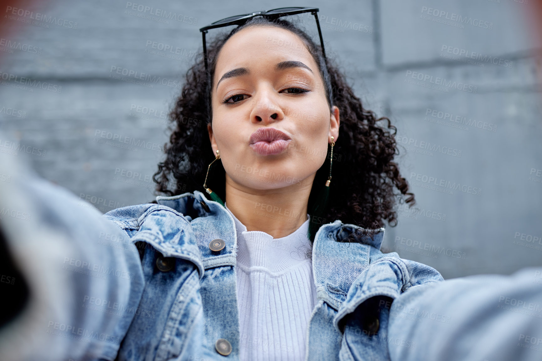Buy stock photo City, woman taking a selfie and face with pov outside for freedom or peace. Fashion or glasses, positive or casual and happy young female model pose for confidence with a pout facial expression