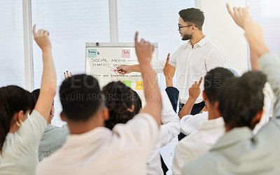 Buy stock photo Man, chart and audience question at seminar, problem solving and staff training for sales in office. Male person, business people and answer or solution, planning and mentor at meeting for ideas