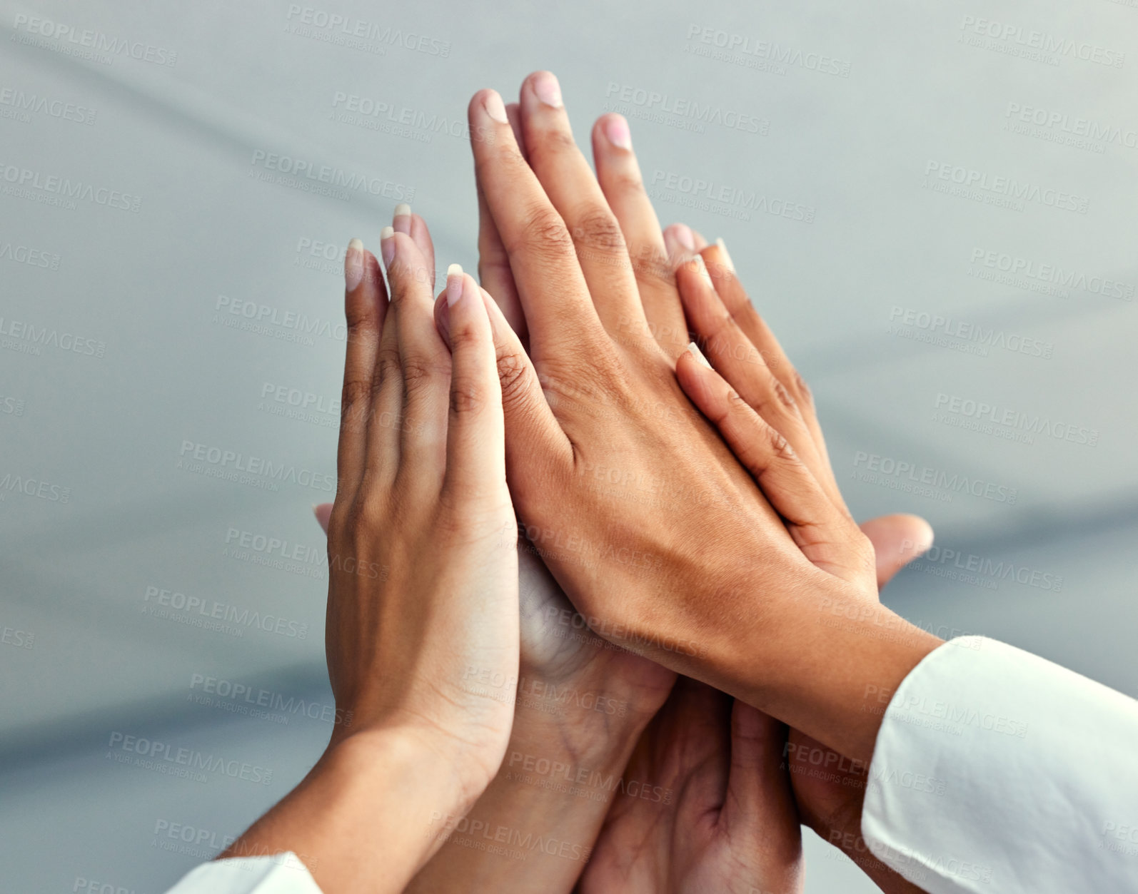 Buy stock photo People, hands and high five in office for teamwork, collaboration and partnership together. Sales agency, culture and group huddle for success, achievement and celebration of company target or goal