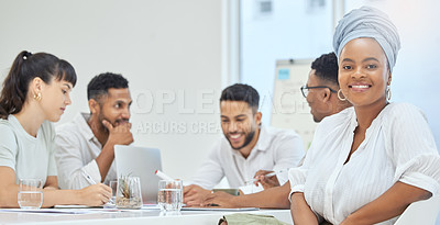 Buy stock photo Boardroom, portrait and woman in meeting, smile and strategy for business people in social media and group. Creative, collaboration and teamwork with internet, ideas and project of copywriting