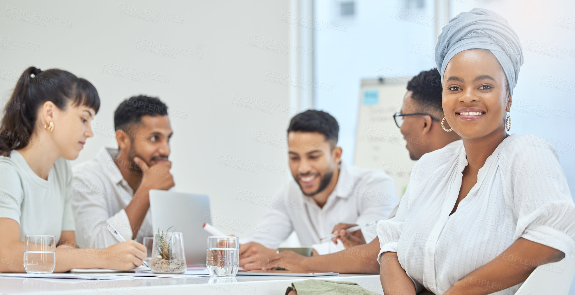 Buy stock photo Boardroom, portrait and woman in meeting, smile and strategy for business people in social media and group. Creative, collaboration and teamwork with internet, ideas and project of copywriting