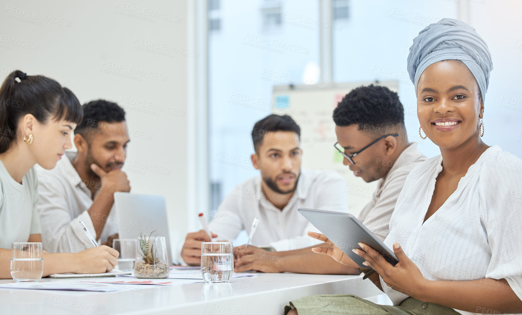 Buy stock photo Boardroom, tablet and black woman in meeting, portrait and strategy for business in social media and research. Creative, collaboration and teamwork with internet, ideas and project of copywriting