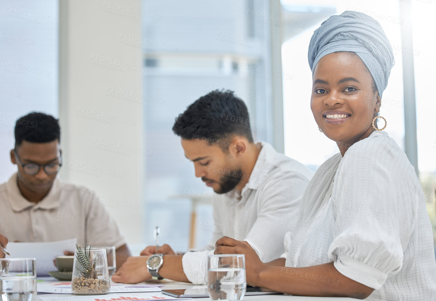 Buy stock photo Business people, documents and portrait of black woman with team in office meeting for savings, planning or budget review. Economy, accounting and African manager with group for revenue analysis