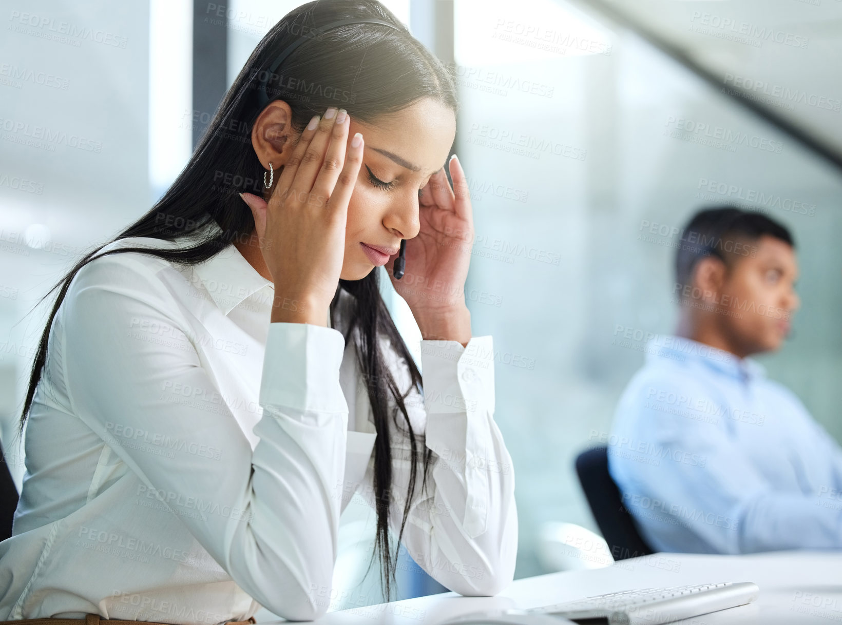 Buy stock photo Woman, headache and stress in office with burnout for job, career and mental fatigue. Employee, migraine and anxiety in call centre with customer service, shift work and frustrated for company target