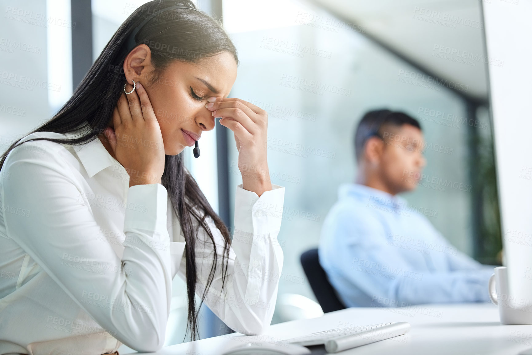 Buy stock photo Woman, headache and stress in office with burnout for job, career and mental fatigue. Employee, migraine and pain in call centre with customer service, shift work and frustrated for company target