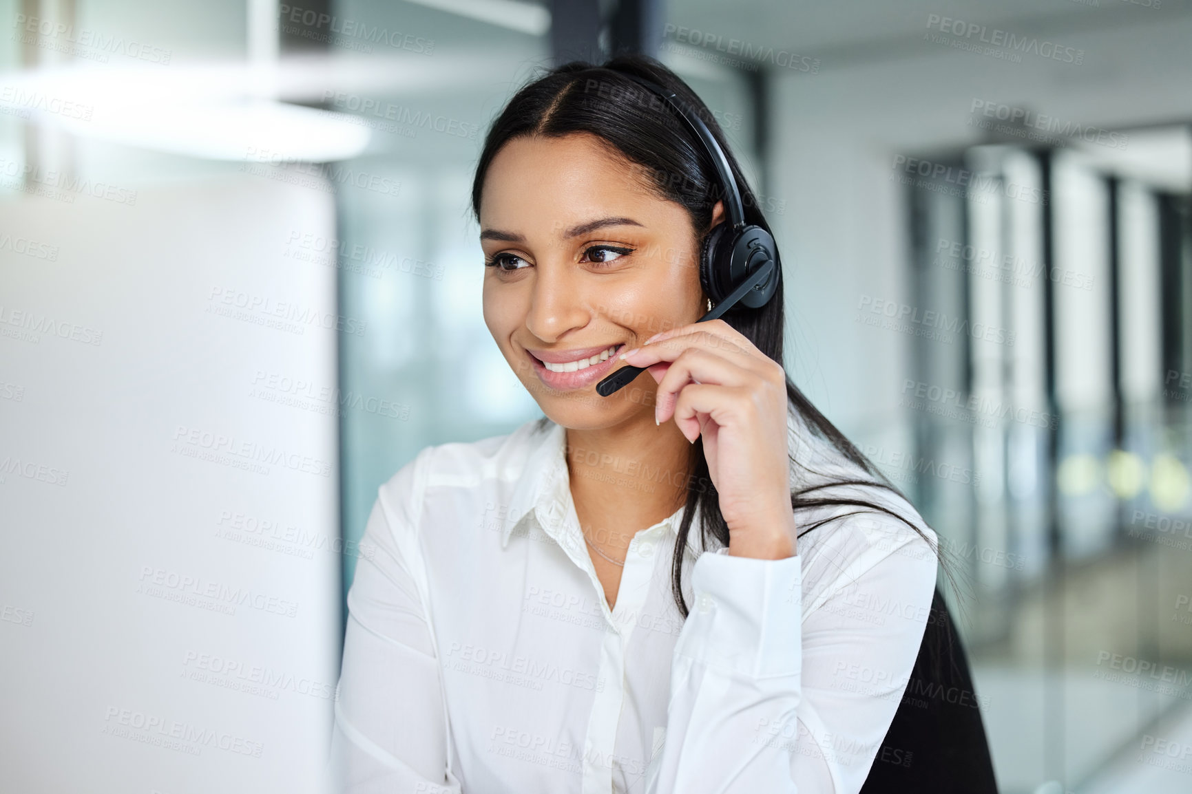 Buy stock photo Phone call, callcenter and woman with smile, headset or consultant in customer service agency. Lead generation, sales and happy virtual assistant at help desk with telemarketing advisor at crm office