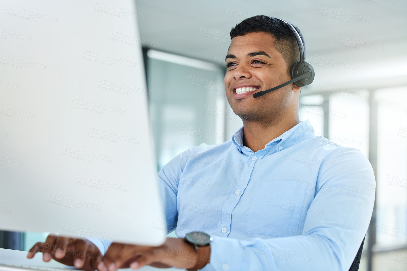 Buy stock photo Tech support, callcenter and happy man with phone call, headset and sales consultant in customer service. Lead generation, advisor or virtual assistant at help desk with telemarketing at crm office