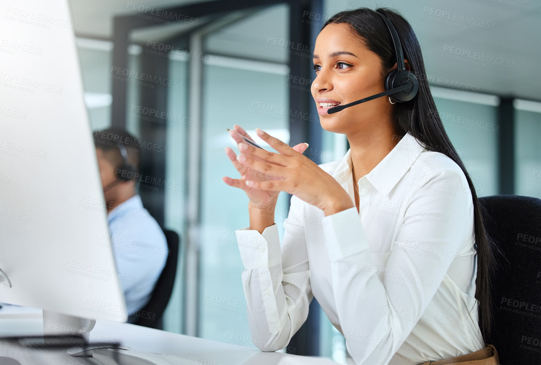 Buy stock photo Computer, callcenter and woman with advice, headset and sales consultant in customer service conversation. Lead generation, telemarketing and virtual assistant with phone call at help desk office