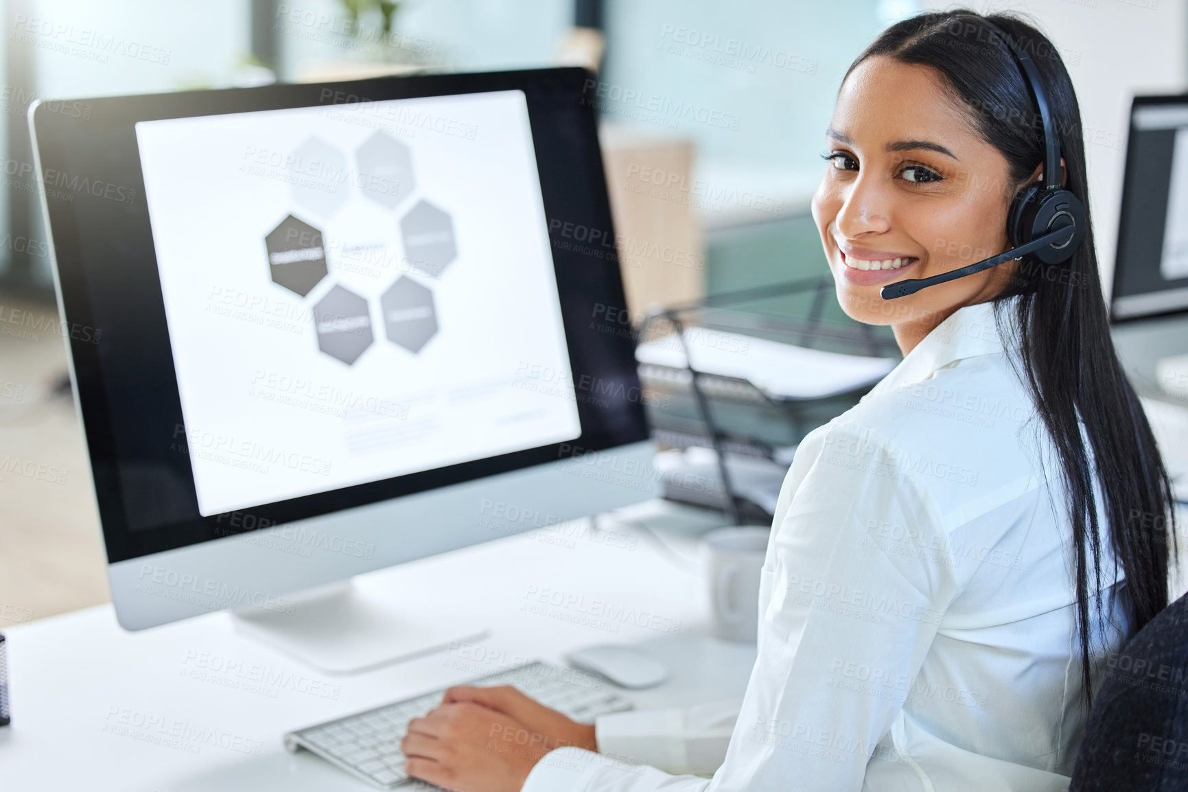 Buy stock photo Computer screen, call center and portrait of woman with headset, smile and consultant in customer service. Lead generation, telemarketing and virtual assistant with data analysis at help desk office